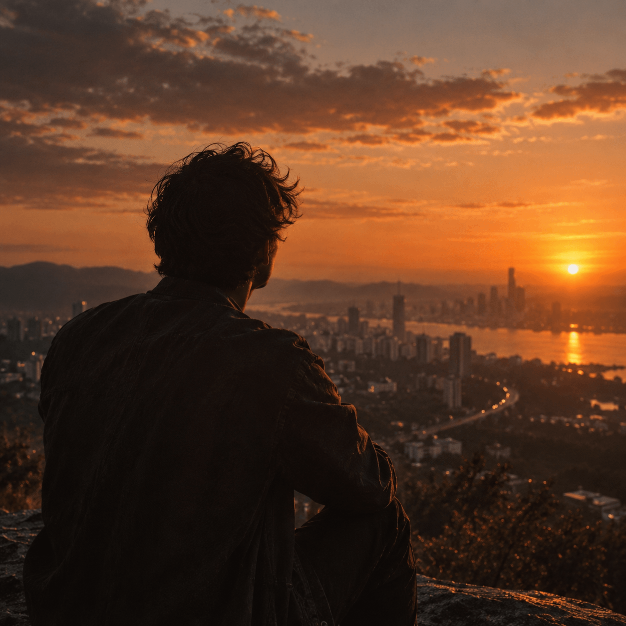 Portada conceptual de ejemplo para Otra vez: una persona frente a la ciudad al amanecer, con luz naranja y grano fotográfico