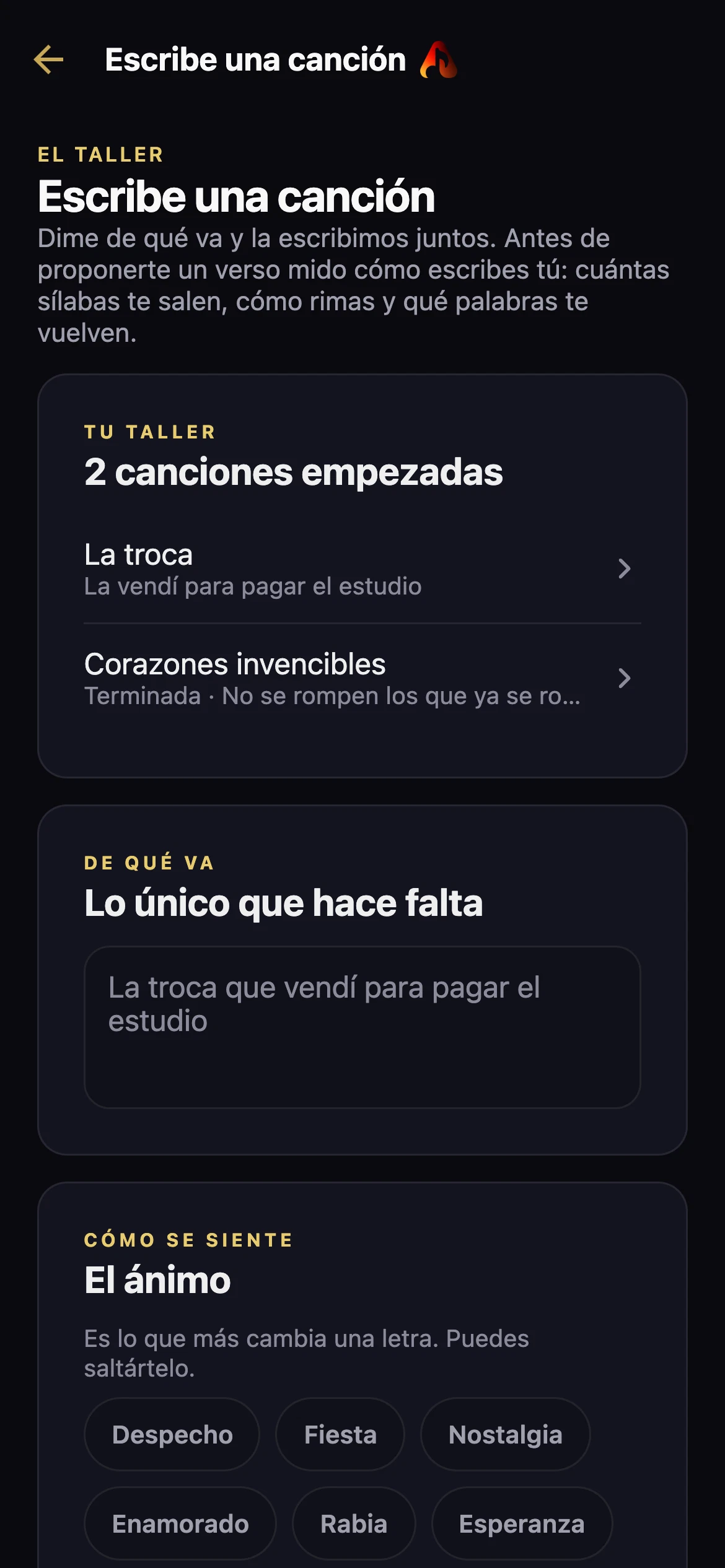 El Taller en Artistick con canciones, borradores y creación de letras